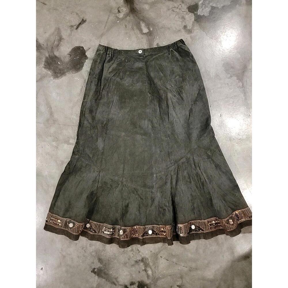 Chico's Long Black Leather Midi Maxi Skirt Beaded Size 2 (12-14) Western Cowgirl